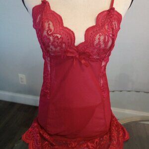 Wine Red Baby Doll Set with Mesh Scallop Patchwork